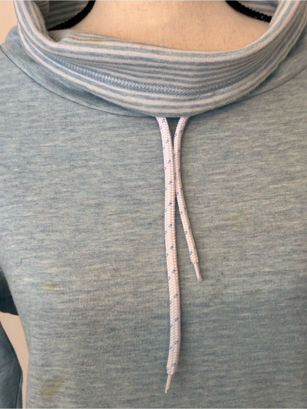 ORVIS- Aqua Blue Cowl Neck Top, fully lined with matching striped trim